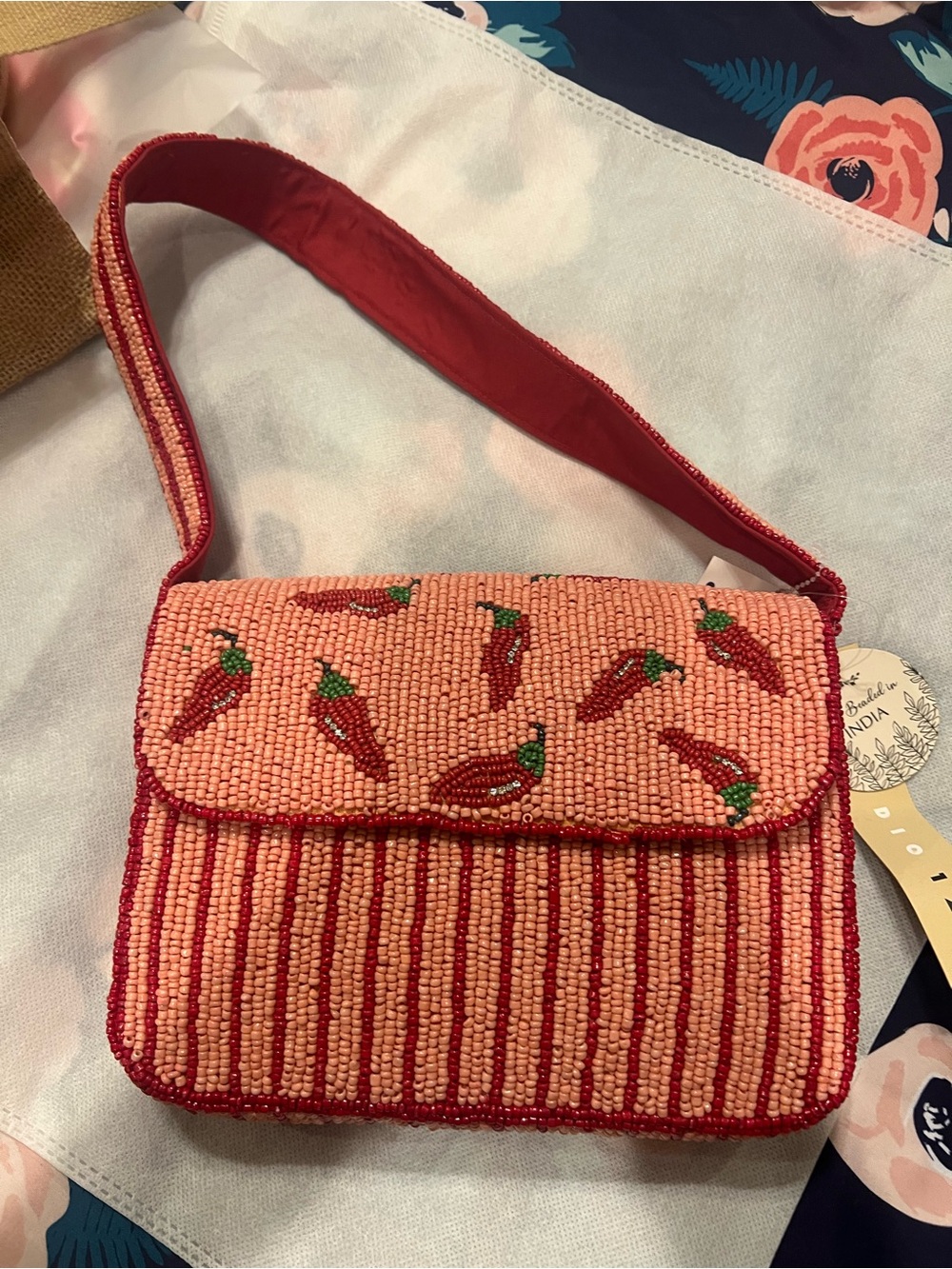 Beaded Coral Shoulder Bag with Red Chili Accent